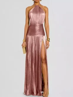 Party Dress Maxi Gold Sleeveless Backless Elegant Semi Formal Gown