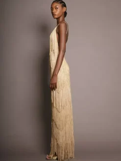 Party Dress Maxi Gold V-Neck Sleeveless Open Shoulder Sexy Semi Formal Summer Dress