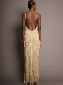 Party Dress Maxi Gold V-Neck Sleeveless Open Shoulder Sexy Semi Formal Summer Dress