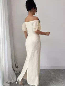 Party Dress Maxi Light Apricot Off-The-Shoulder Flowers Short Sleeves Clothes Puff Sleeves Sexy Gown