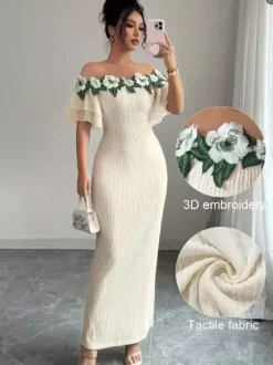 Party Dress Maxi Light Apricot Off-The-Shoulder Flowers Short Sleeves Clothes Puff Sleeves Sexy Gown