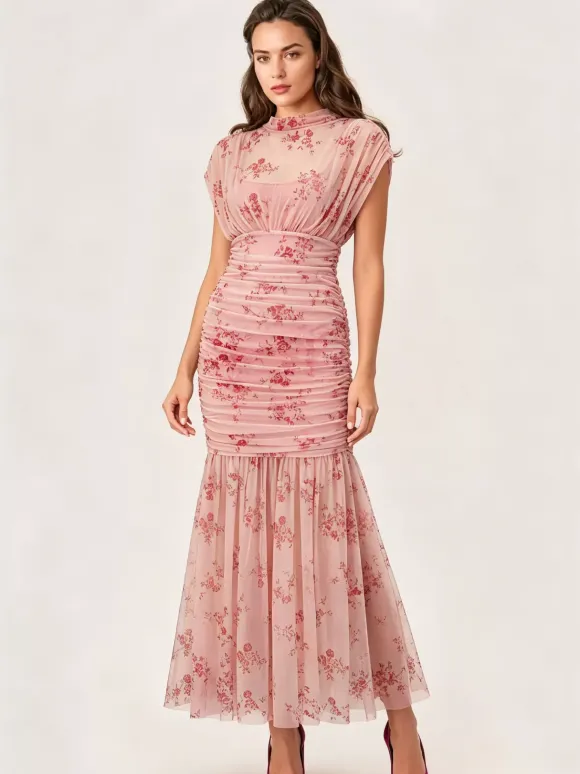 Party Dress Maxi Light Apricot Stand Collar Pleated Short Sleeves Printed Dress