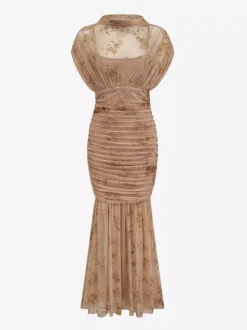 Party Dress Maxi Light Apricot Stand Collar Pleated Short Sleeves Printed Dress