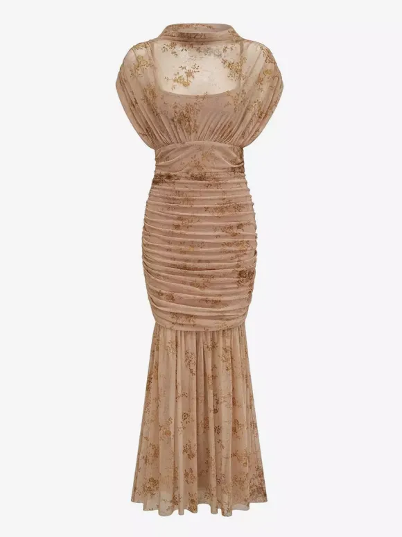 Party Dress Maxi Light Apricot Stand Collar Pleated Short Sleeves Printed Dress