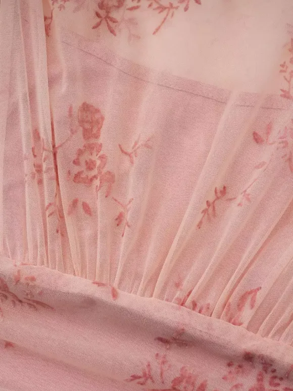 Party Dress Maxi Light Apricot Stand Collar Pleated Short Sleeves Printed Dress