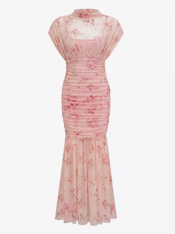 Party Dress Maxi Light Apricot Stand Collar Pleated Short Sleeves Printed Dress
