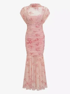 Party Dress Maxi Light Apricot Stand Collar Pleated Short Sleeves Printed Dress
