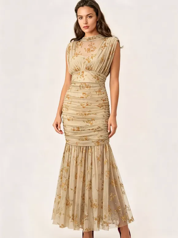 Party Dress Maxi Light Apricot Stand Collar Pleated Short Sleeves Printed Dress