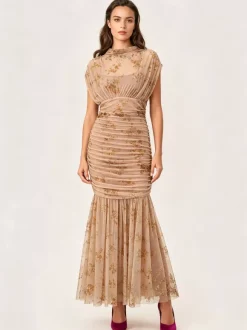Party Dress Maxi Light Apricot Stand Collar Pleated Short Sleeves Printed Dress