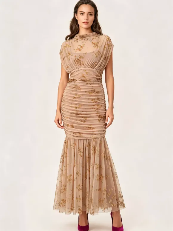 Party Dress Maxi Light Apricot Stand Collar Pleated Short Sleeves Printed Dress