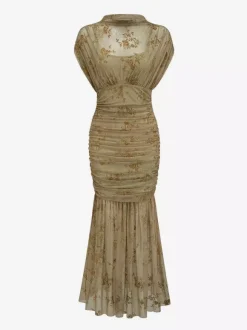 Party Dress Maxi Light Apricot Stand Collar Pleated Short Sleeves Printed Dress