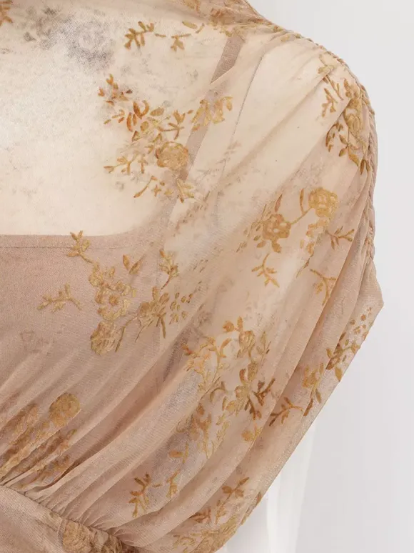 Party Dress Maxi Light Apricot Stand Collar Pleated Short Sleeves Printed Dress