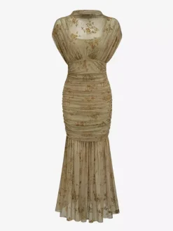 Party Dress Maxi Light Apricot Stand Collar Pleated Short Sleeves Printed Dress