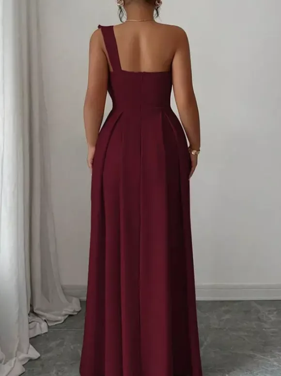 Party Dress Maxi Light Sky Blue One-Shoulder Flowers Sleeveless Asymmetrical Sweet Semi Formal Dress