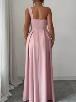 Party Dress Maxi Light Sky Blue One-Shoulder Flowers Sleeveless Asymmetrical Sweet Semi Formal Dress