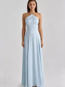 Party Dress Maxi Light Sky Blue Rhinestone Halter Satin Sexy Flowy Semi Formal Dress