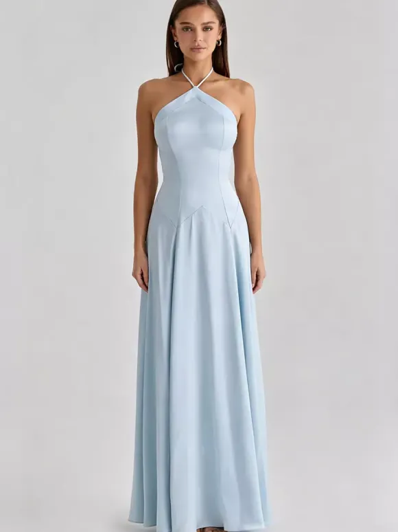 Party Dress Maxi Light Sky Blue Rhinestone Halter Satin Sexy Flowy Semi Formal Dress