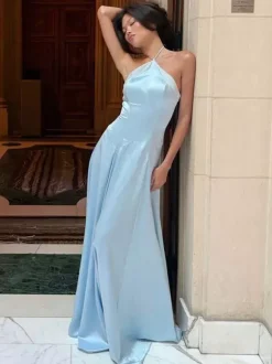 Party Dress Maxi Light Sky Blue Rhinestone Halter Satin Sexy Flowy Semi Formal Dress