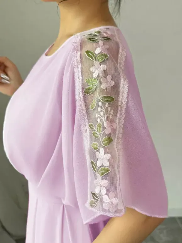 Party Dress Maxi Pink Jewel Neck Ruffles Half Sleeves Chic Semi Formal Dress