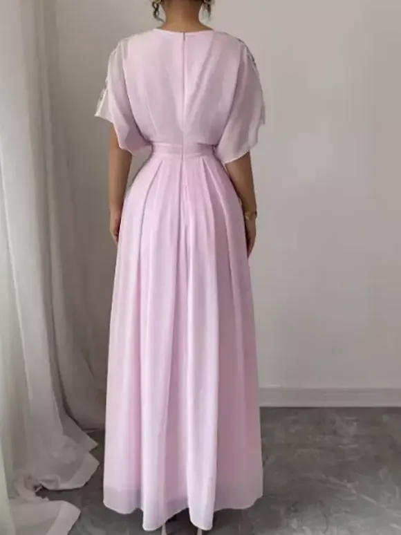 Party Dress Maxi Pink Jewel Neck Ruffles Half Sleeves Chic Semi Formal Dress