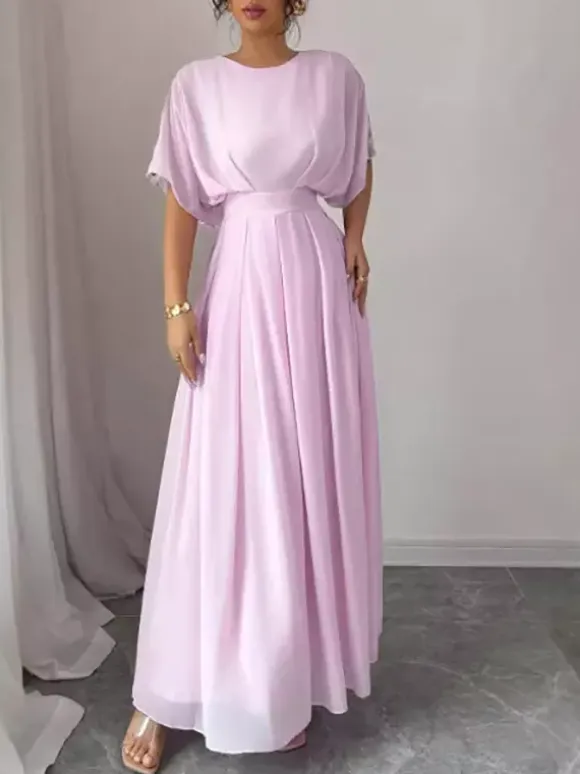 Party Dress Maxi Pink Jewel Neck Ruffles Half Sleeves Chic Semi Formal Dress