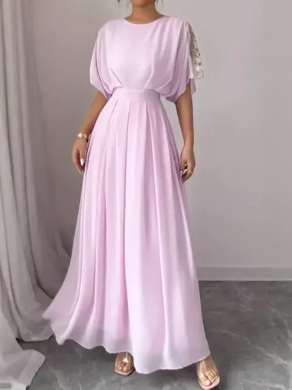 Party Dress Maxi Pink Jewel Neck Ruffles Half Sleeves Chic Semi Formal Dress