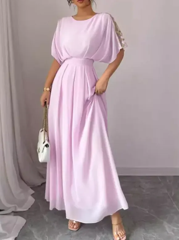 Party Dress Maxi Pink Jewel Neck Ruffles Half Sleeves Chic Semi Formal Dress