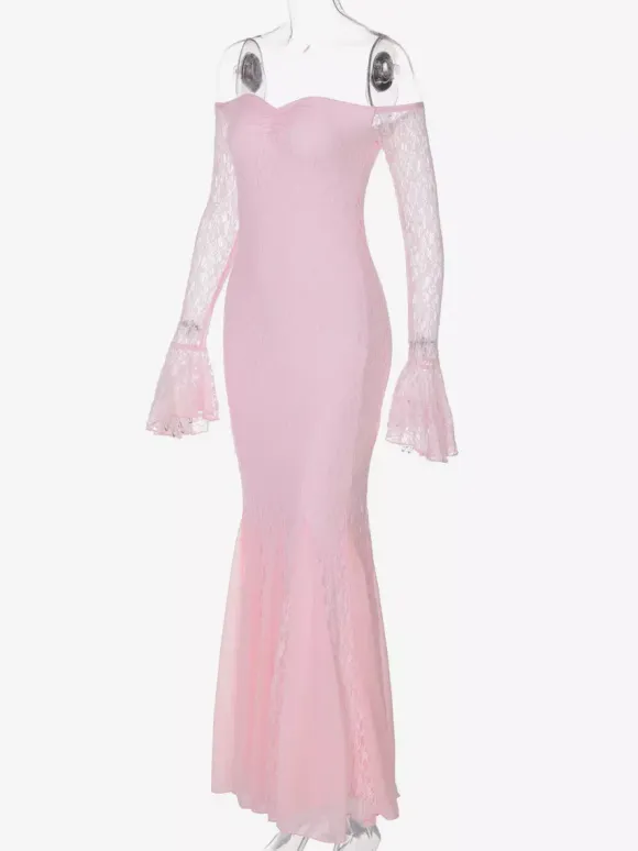 Party Dress Maxi Pink Off-The-Shoulder Lace Long Sleeves Pleated Chic Semi Formal Dress