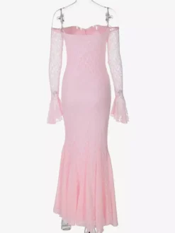 Party Dress Maxi Pink Off-The-Shoulder Lace Long Sleeves Pleated Chic Semi Formal Dress
