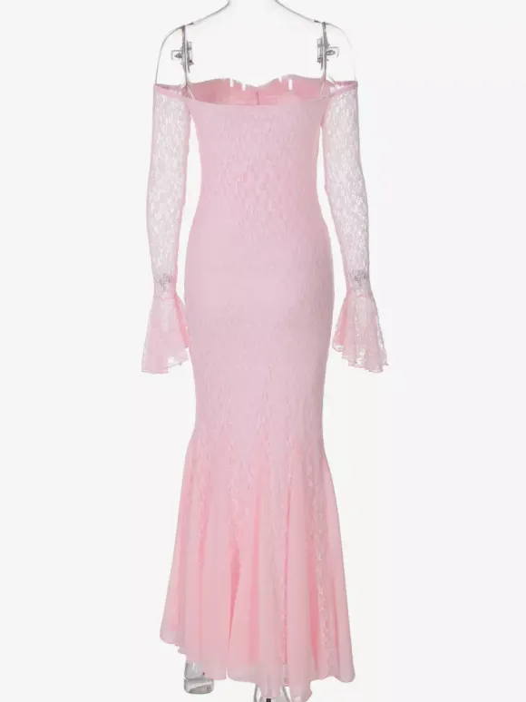 Party Dress Maxi Pink Off-The-Shoulder Lace Long Sleeves Pleated Chic Semi Formal Dress