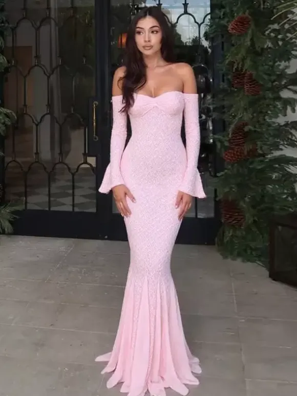 Party Dress Maxi Pink Off-The-Shoulder Lace Long Sleeves Pleated Chic Semi Formal Dress