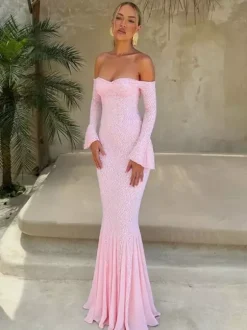 Party Dress Maxi Pink Off-The-Shoulder Lace Long Sleeves Pleated Chic Semi Formal Dress