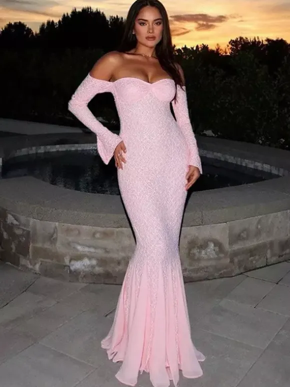 Party Dress Maxi Pink Off-The-Shoulder Lace Long Sleeves Pleated Chic Semi Formal Dress