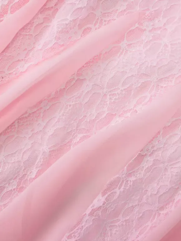 Party Dress Maxi Pink Off-The-Shoulder Lace Long Sleeves Pleated Chic Semi Formal Dress