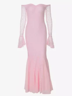 Party Dress Maxi Pink Off-The-Shoulder Lace Long Sleeves Pleated Chic Semi Formal Dress