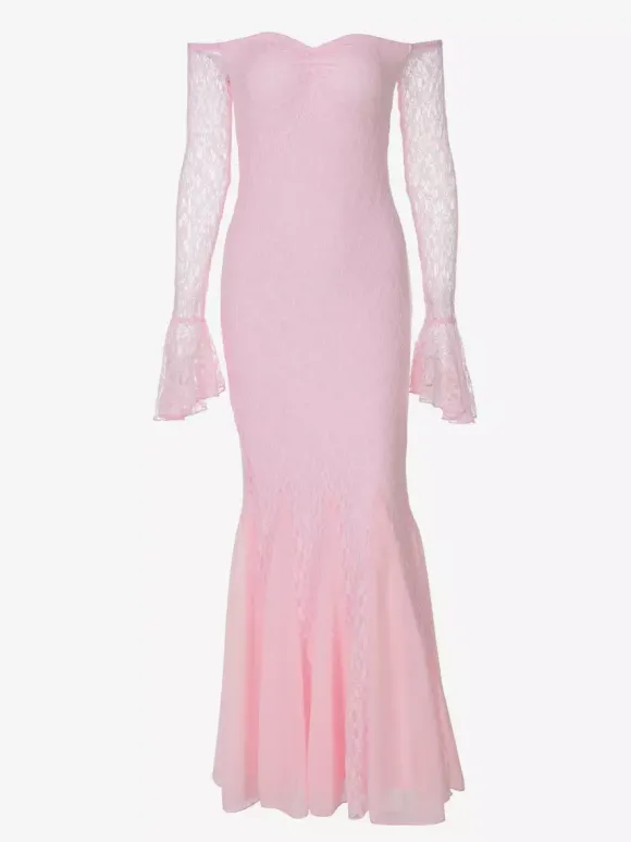 Party Dress Maxi Pink Off-The-Shoulder Lace Long Sleeves Pleated Chic Semi Formal Dress