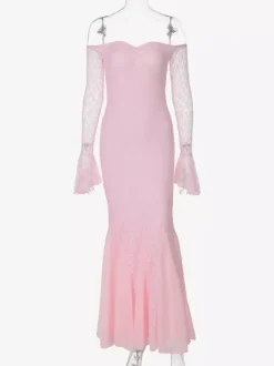 Party Dress Maxi Pink Off-The-Shoulder Lace Long Sleeves Pleated Chic Semi Formal Dress