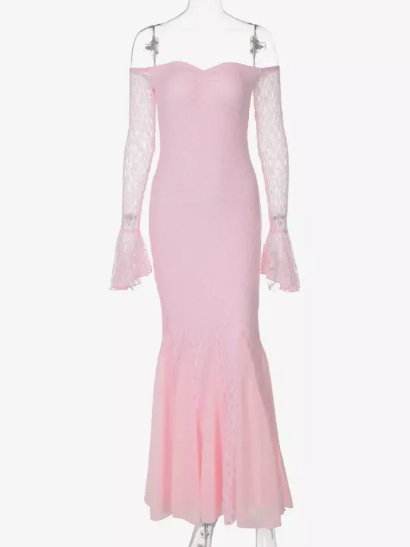 Party Dress Maxi Pink Off-The-Shoulder Lace Long Sleeves Pleated Chic Semi Formal Dress