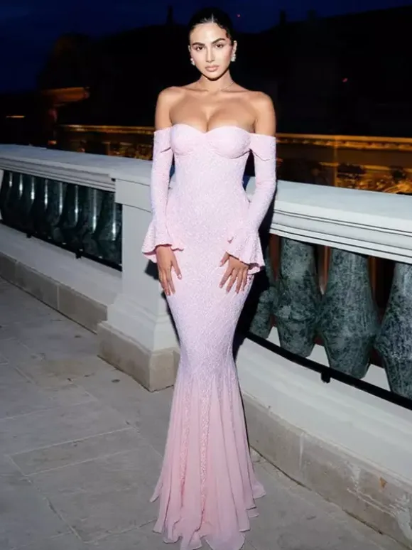 Party Dress Maxi Pink Off-The-Shoulder Lace Long Sleeves Pleated Chic Semi Formal Dress