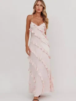 Party Dress Maxi Pink Straps Neck Ruffles Sleeveless Casual Semi Formal Summer Dress