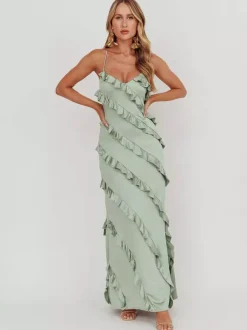 Party Dress Maxi Pink Straps Neck Ruffles Sleeveless Casual Semi Formal Summer Dress
