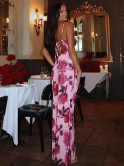 Party Dress Maxi Pink Straps Neck Sleeveless Printed Clothes Casual Semi Formal Dress