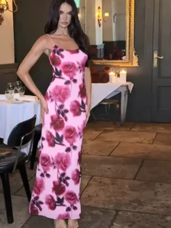 Party Dress Maxi Pink Straps Neck Sleeveless Printed Clothes Casual Semi Formal Dress