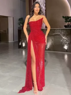Party Dress Maxi Red Straps Neck Split Front Sleeveless Sexy Semi Formal Dress