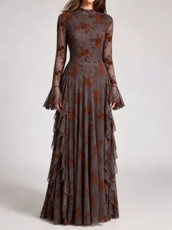 Party Dress Maxi Stand Collar Long Sleeves Floral Print Long Flared Sleeves Deep Brown Gown