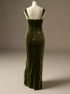 Party Dress Maxi Velvet Green Spaghetti Strap Neck Irregular Sexy Semi Formal Bodycon Dress