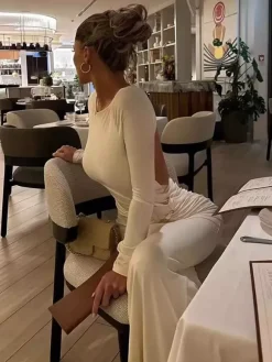 Party Dress Maxi White Jewel Neck Long Sleeves Sexy Semi Formal Dress