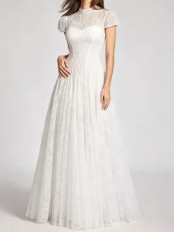Party Dress Maxi White Stand Collar Short Sleeves Flared Sleeves Retro Semi Formal Dress