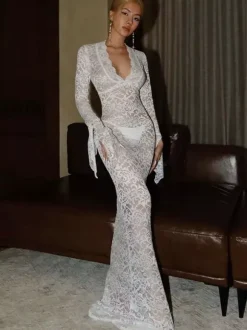 Party Dress Maxi White V-Neck Lace Long Sleeves Sheer Sexy Semi Formal Dress