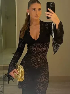 Party Dress Maxi White V-Neck Lace Long Sleeves Sheer Sexy Semi Formal Dress